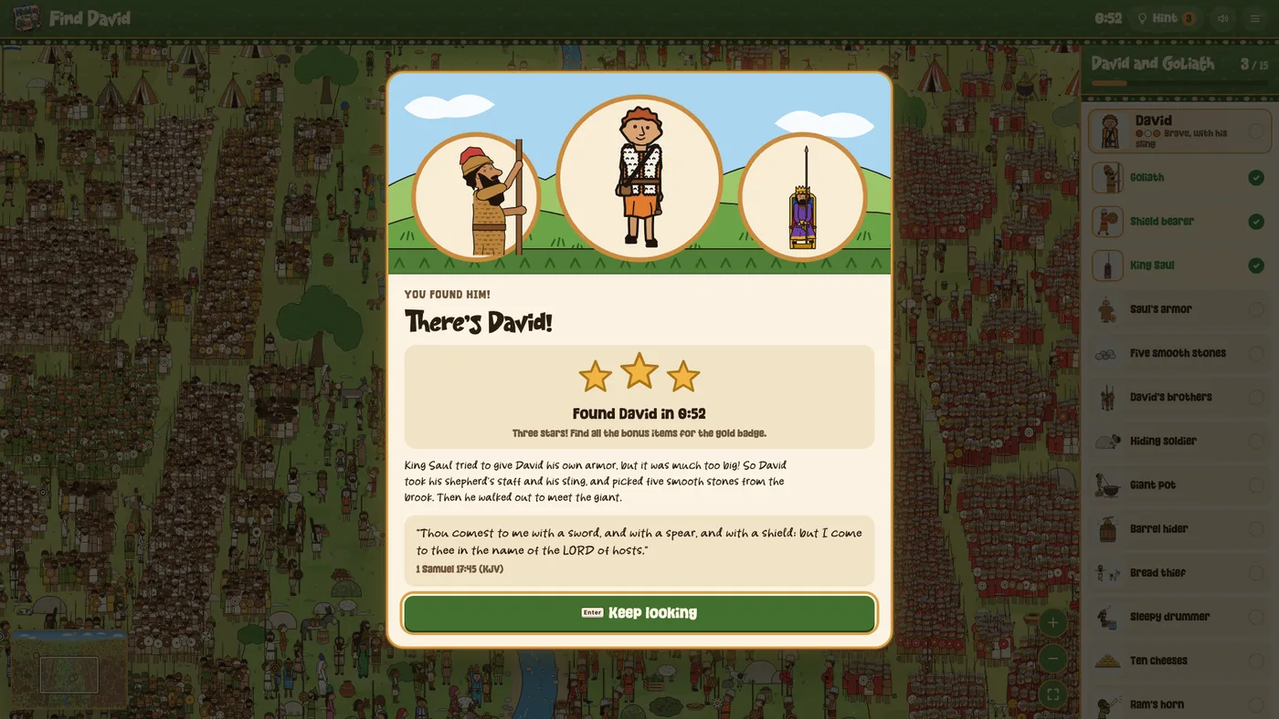 The hero card for David: three stars, the time it took, a short story and a King James verse